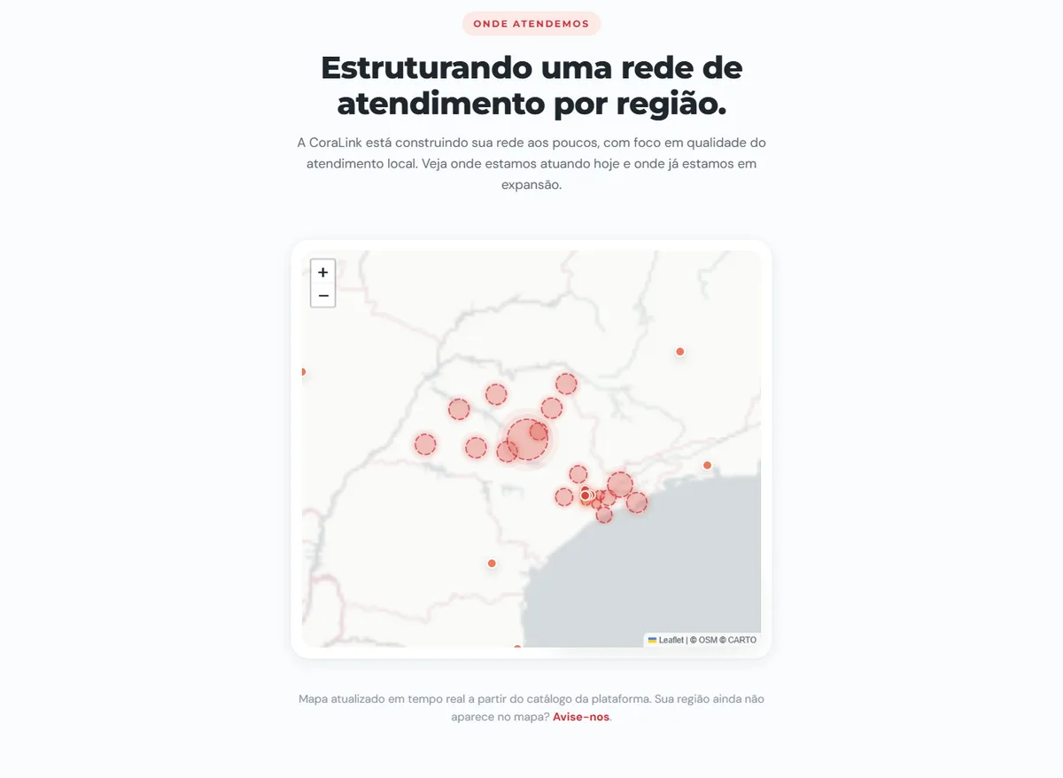 Mapa interativo do CoraLink mostrando a rede de atendimento por região, com marcadores de cobertura atualizados a partir do catálogo da plataforma