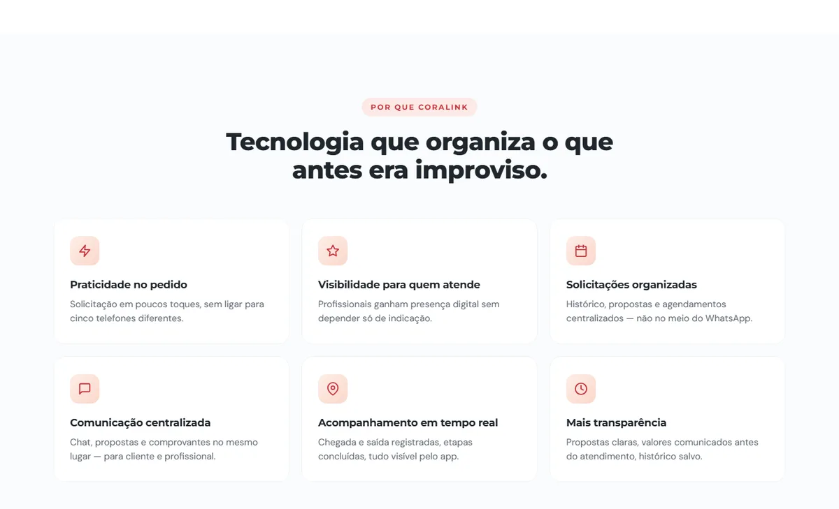 Seção 'Tecnologia que organiza o que antes era improviso' listando recursos do CoraLink: solicitações organizadas, comunicação centralizada, acompanhamento em tempo real e transparência