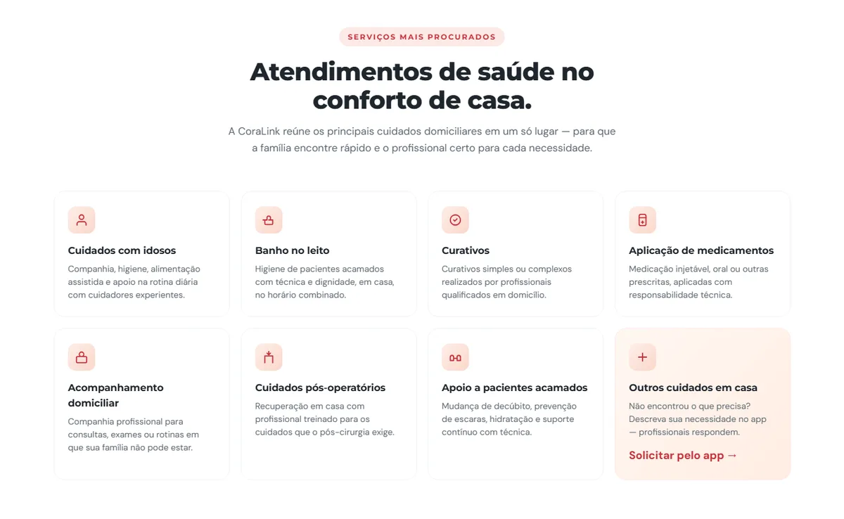 Catálogo de serviços do CoraLink: cuidados com idosos, banho no leito, curativos, aplicação de medicamentos, acompanhamento domiciliar, pós-operatório e apoio a pacientes acamados